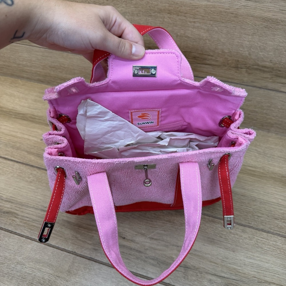 NEW Boatkin Sunwin Madaket Small Classic Tote Bag Terry Cloth Canvas Red Pink - Picture 7 of 11